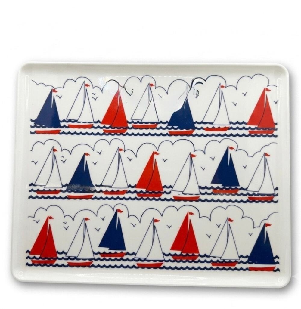 Vintage Mebel Italy Melamine Sailboat Serving Tray Nautical Red Blue White